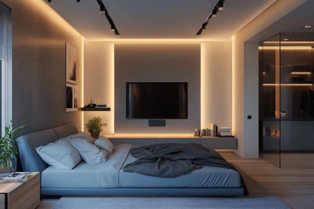 Трековые светильники в спальне 12 м²